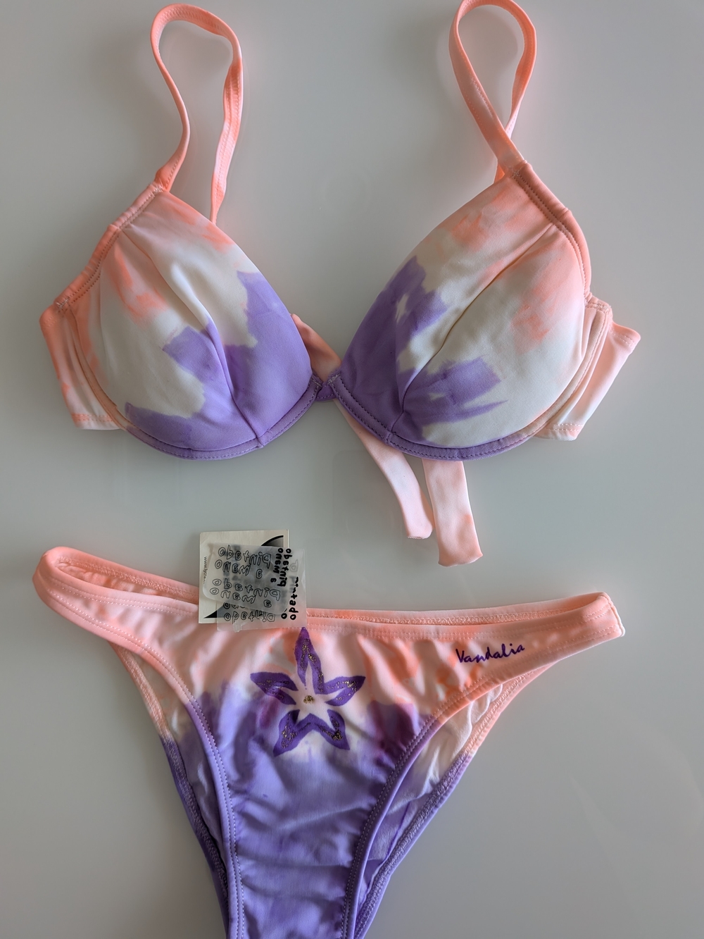 Purple Pink Floral Bikini Set padded top tie back glitter accent 2 Piece Size S